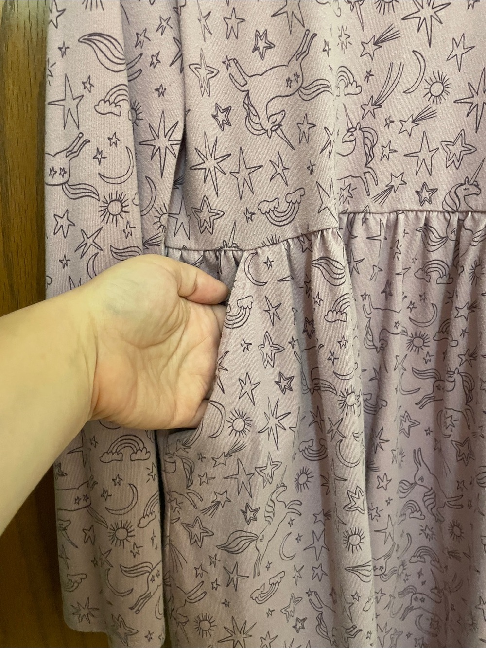 wonder nation Large (10-12) Plus Purple Unicorn Print Long Sleeve Dress Pockets - Picture 3 of 11